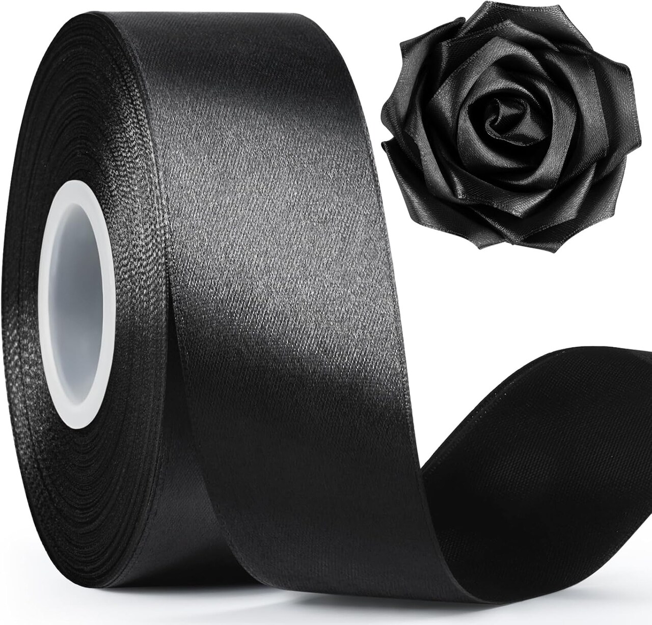 1-1/2 Inch Wide Black Satin Ribbon, 50 Yards Solid Polyester Fabric Ribbon